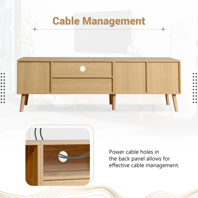 TV Units Modern with 2 Doors & Drawer, Solid Wooden Legs & Rattan Decoration, Up to 80'' TV Size - Oak