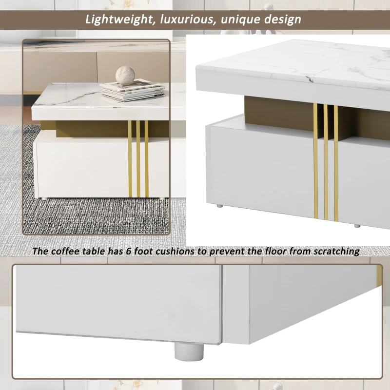 Modern Rectangular Coffee Table with PVC Pattern Top and 2 Wooden Drawers, Living Room Table, 100x50x40 cm, White