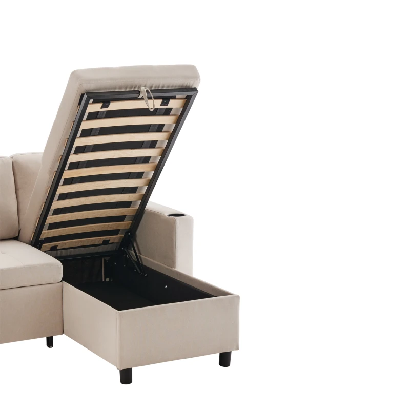 Linen Look L-Shaped Corner Sofa Bed with Storage, 3 Seater Convertible Settee with Cup Holders and Magazine Pockets, 212x141x87.5 cm, Beige