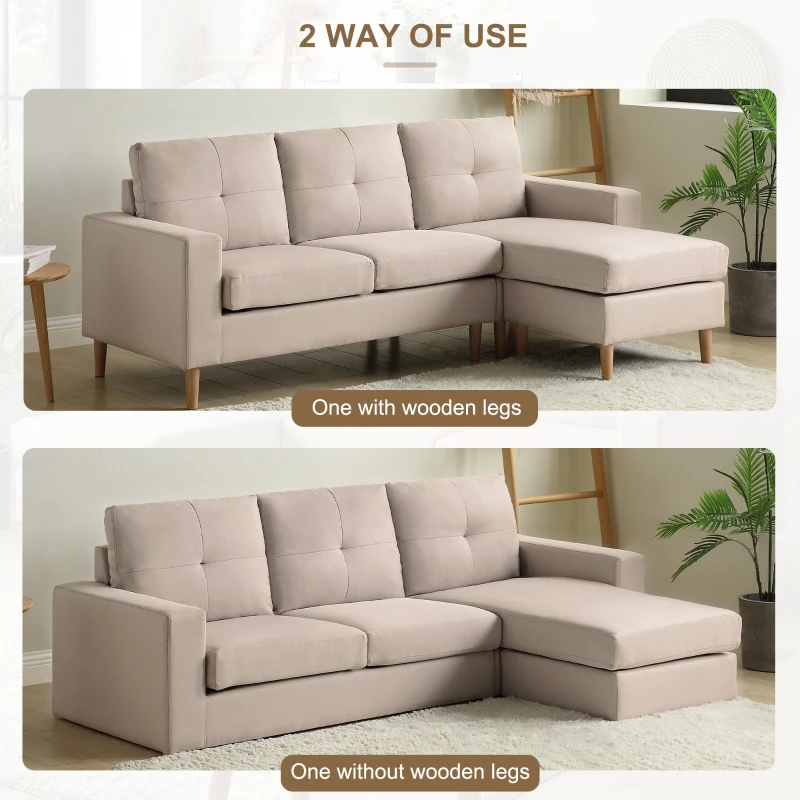 6.5ft 3 Seater Sofa Bed with Removable Footrest, Solid Wood Frame and Legs, 190x76x84 cm, Beige