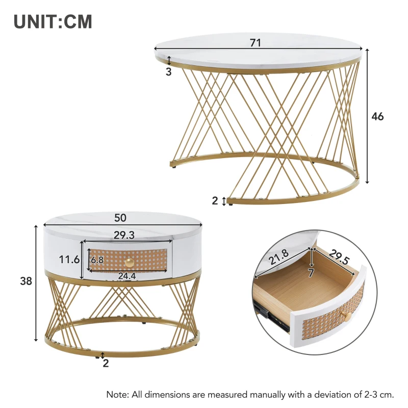 2-Piece Nesting Coffee Table with Storage Drawer, Marble-Style PVC Tabletops, Adjustable Height Footpads, 71x71x46 cm, White