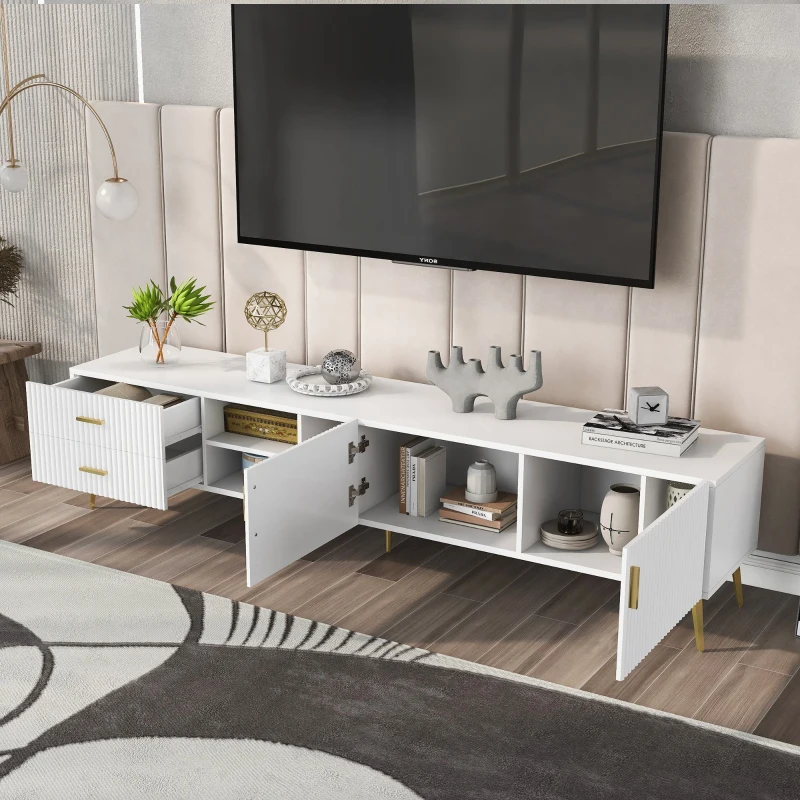 Modern TV Units with Storage for 75-Inch Televisions, MDF Construction, Gold Metal Legs, 180x35x41 cm, White
