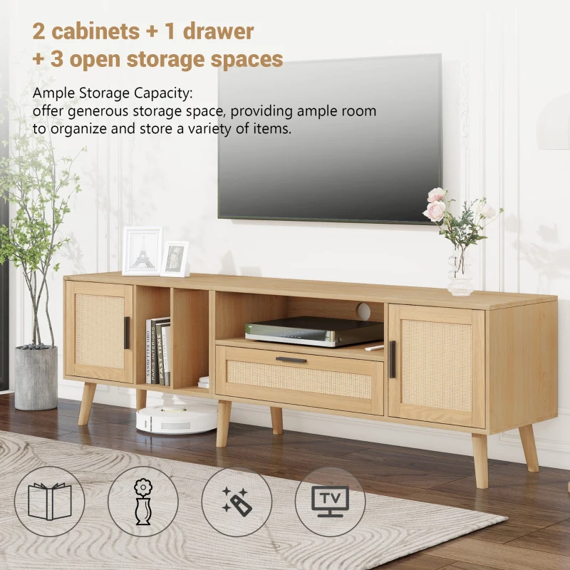 TV Units Modern with 2 Doors & Drawer, Solid Wooden Legs & Rattan Decoration, Up to 80'' TV Size - Oak