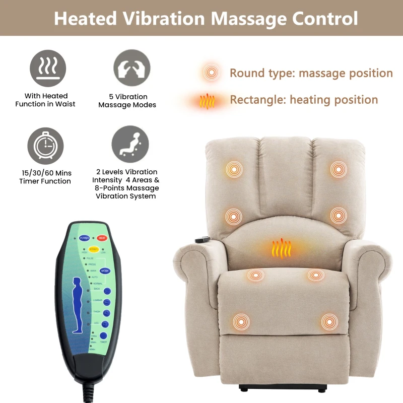 Electric Power Lift Massage Chair with Heating Points, Side Pockets, Stand Assist, Cup Holders, Recliner Armchair for Elderly, 91x90x108 cm, Beige