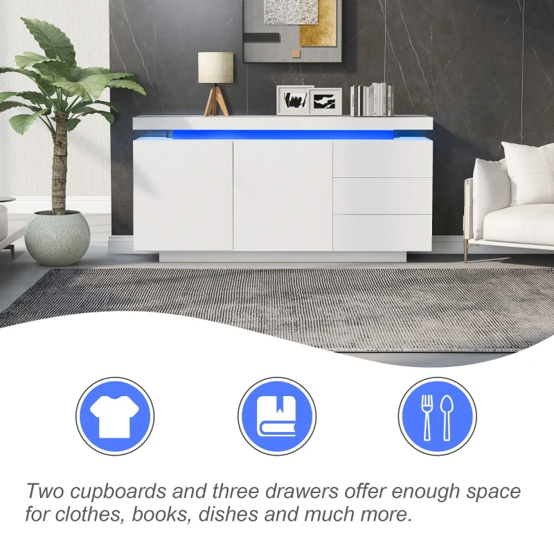 Mid-Century Style Sideboard with 16-Colour LED Lights, 2 Doors and 3 Drawers, Cupboard for Hallway, 140x35x72.5 cm, White