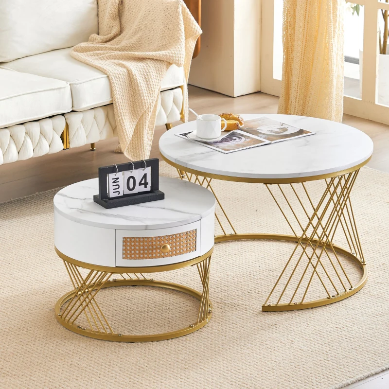 2-Piece Nesting Coffee Table with Storage Drawer, Marble-Style PVC Tabletops, Adjustable Height Footpads, 71x71x46 cm, White