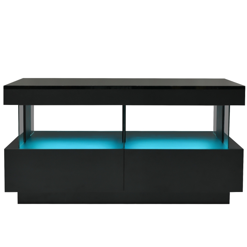 High Gloss Modern Coffee Table with 16-Colour LED Lights, 2 Drawers and Open Storage, Side Table for Drawing Room, 100x60x49.5 cm, Black