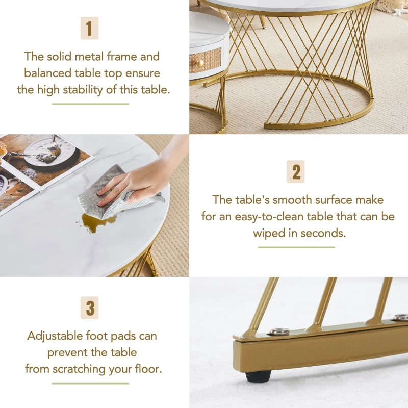 2-Piece Nesting Coffee Table with Storage Drawer, Marble-Style PVC Tabletops, Adjustable Height Footpads, 71x71x46 cm, White