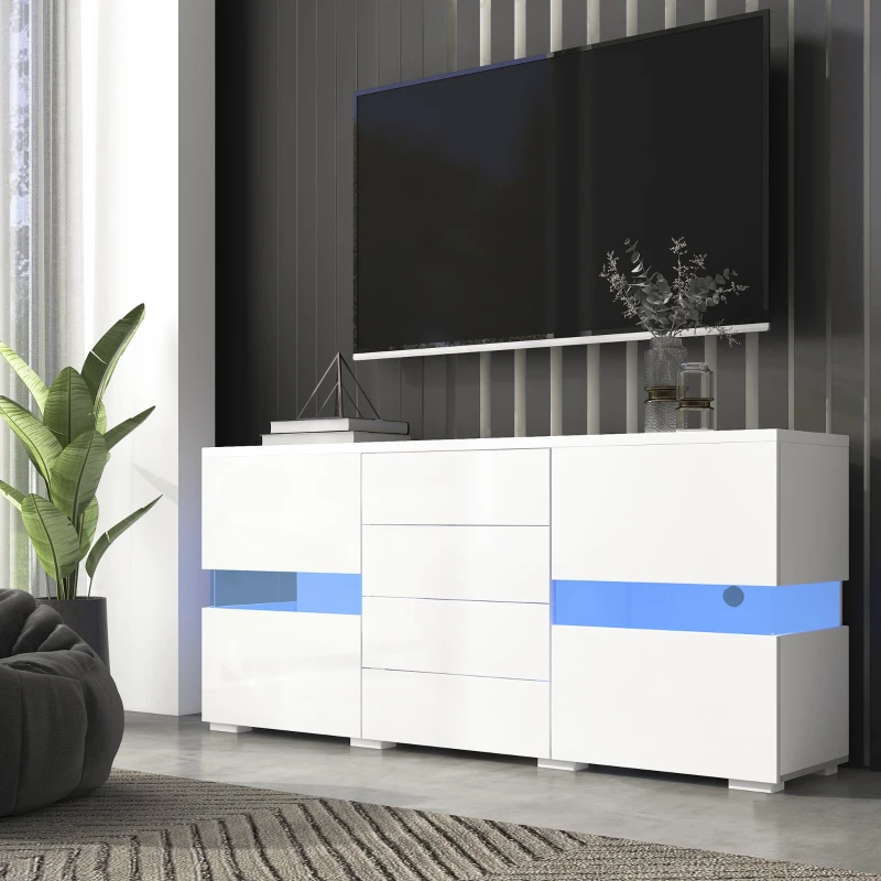 High Gloss Modern Sideboard Cabinet with LED Lights, 2 Doors and 4 Storage Drawers, Chest of Drawers for Living Room, 140x35x72 cm, White
