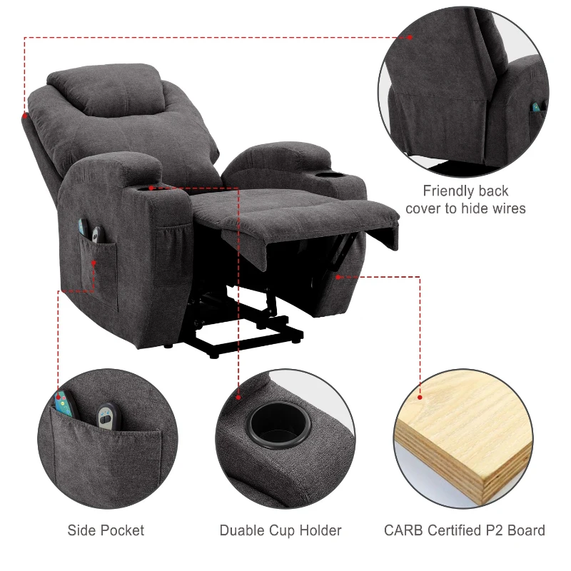 Power Lift Electric Recliner Chair with Massage, Heating, Cup Holders and Side Pockets, Recliner Armchair for Elderly, 81x73x105 cm, Grey