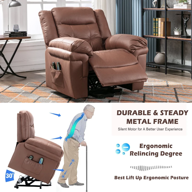 Power Lift Recliner, Executive Reclining Chair with Heating Massage Points for Elderly, Soft Upholstery and Sturdy Frame, 99x83x106 cm, Brown