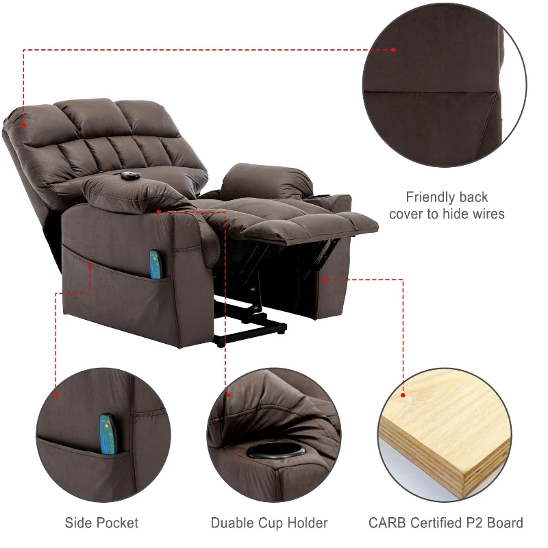 Ergonomic Leather Recliner Chair with Heating, Power Lift Mechanism, Electric Heavy Duty Massage Chair for Elderly, 93x93x102 cm, Brown