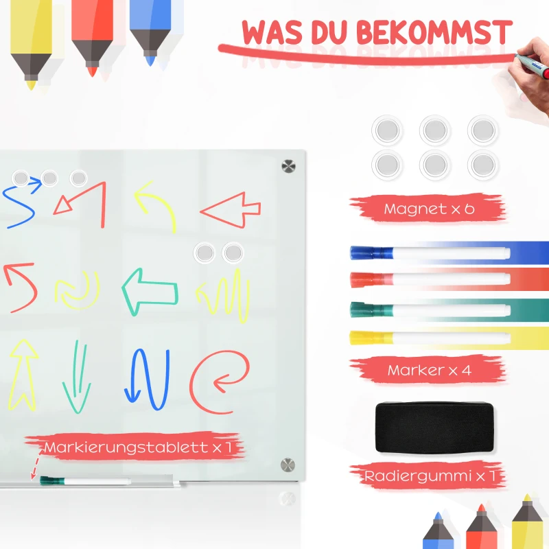 Vinsetto Glazen Whiteboard, Memobord, Whiteboard, 4 stiften, 6 magneten, 1 spons, 1 houder, Wit