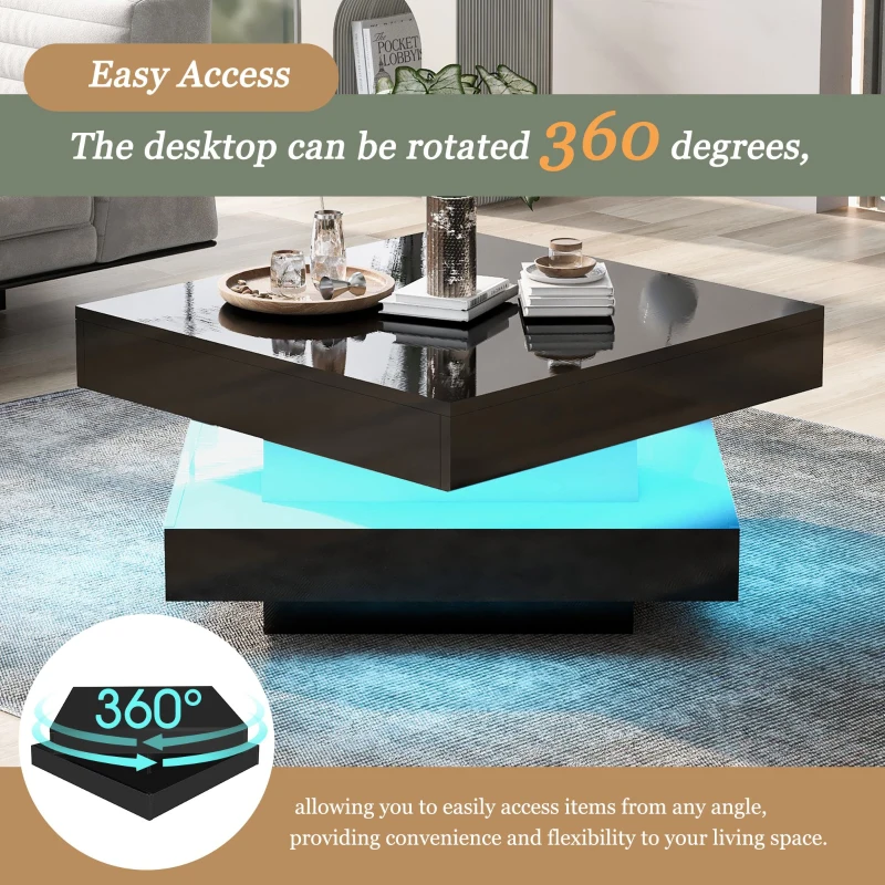 Stylish High Gloss Coffee Table with Rotating Top, 16-Colour LED Light, Rectangular Occasional Table with Lift Top, 70x70x36 cm, Black