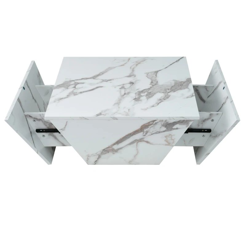 Modern Trapezoidal Coffee Table with 2 Drawers, Marbling Veneer End Table, Side Table with Storage for Living Room, 70x70x37 cm, White