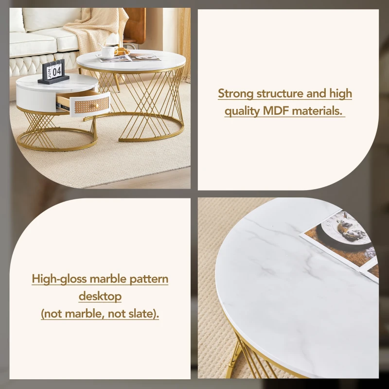 2-Piece Nesting Coffee Table with Storage Drawer, Marble-Style PVC Tabletops, Adjustable Height Footpads, 71x71x46 cm, White