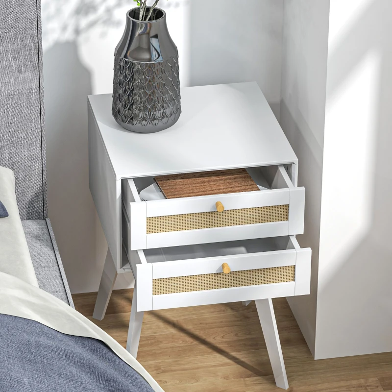 HOMCOM Conjunto de 2 Mesas de Cabeceira Estilo Cannage com 2 Gavetas em Vime Mesas Auxiliares Pequenas 40x40x60 cm Branco