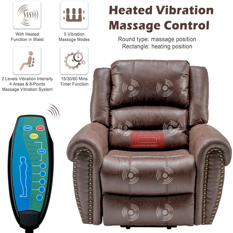 Large Executive Power Lift Recliner Chair with Heating Massage Points, Heavy Duty Electric Faux Leather Recliner with USB Port and Side Pockets, 104x106x102 cm, Brown