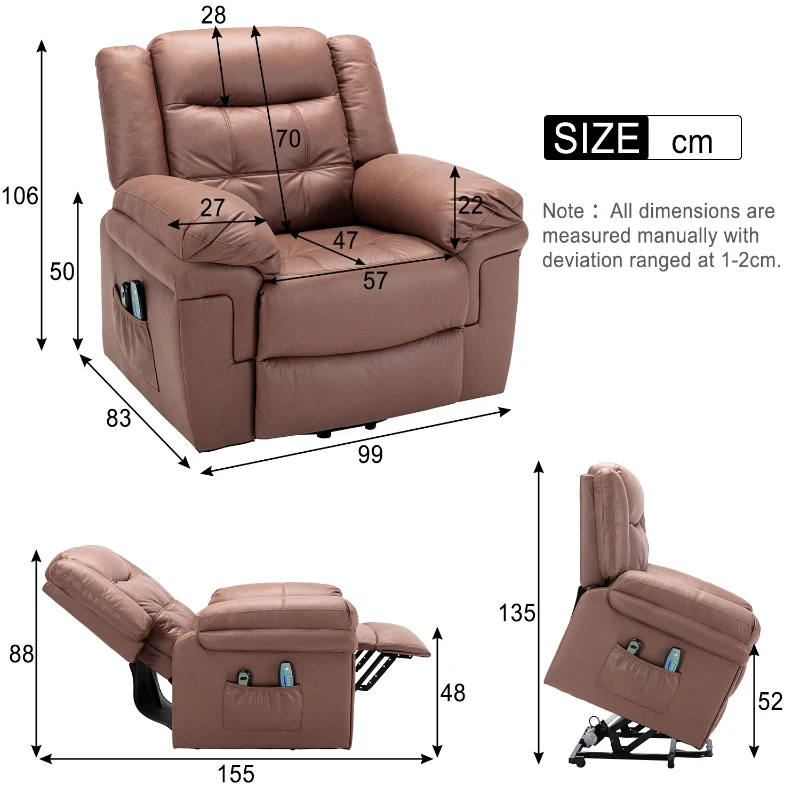 Power Lift Recliner, Executive Reclining Chair with Heating Massage Points for Elderly, Soft Upholstery and Sturdy Frame, 99x83x106 cm, Brown