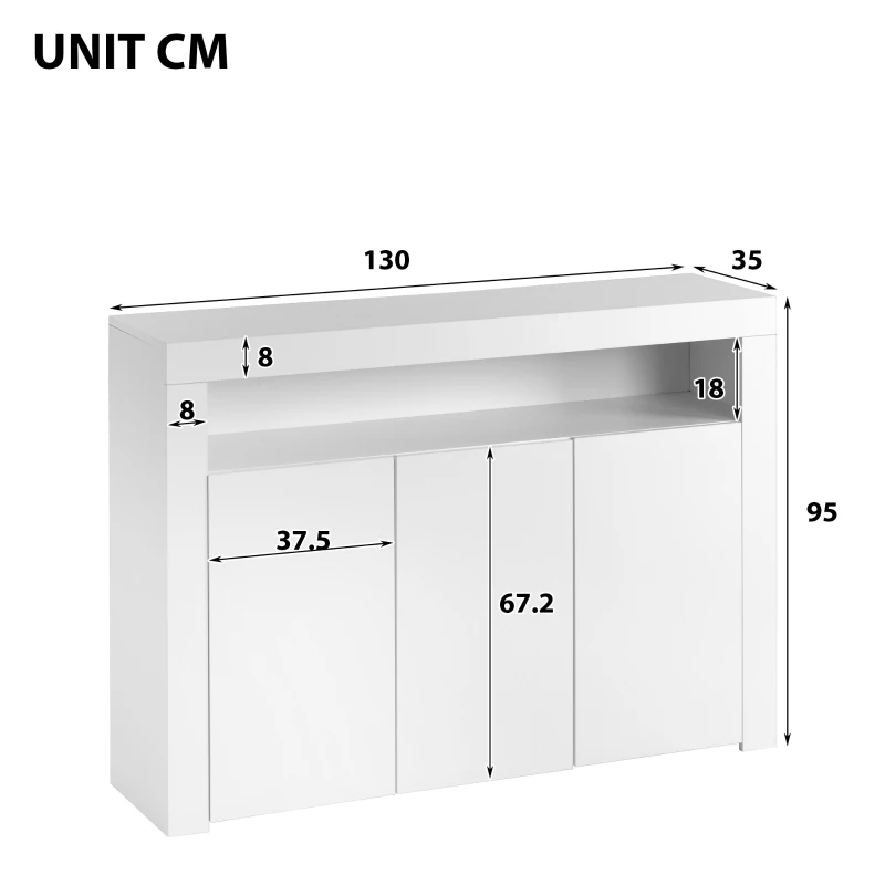 Modern Sideboard Cabinet with LED Lights, High Gloss Design, 3-Door Remote Control Kitchen Unit for Home Decor, 130x35x95 cm, White