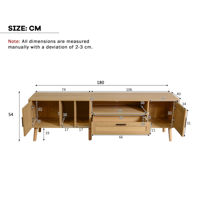 TV Units Modern with 2 Doors & Drawer, Solid Wooden Legs & Rattan Decoration, Up to 80'' TV Size - Oak