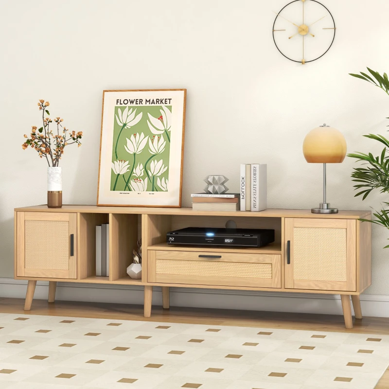 TV Units Modern with 2 Doors & Drawer, Solid Wooden Legs & Rattan Decoration, Up to 80'' TV Size - Oak
