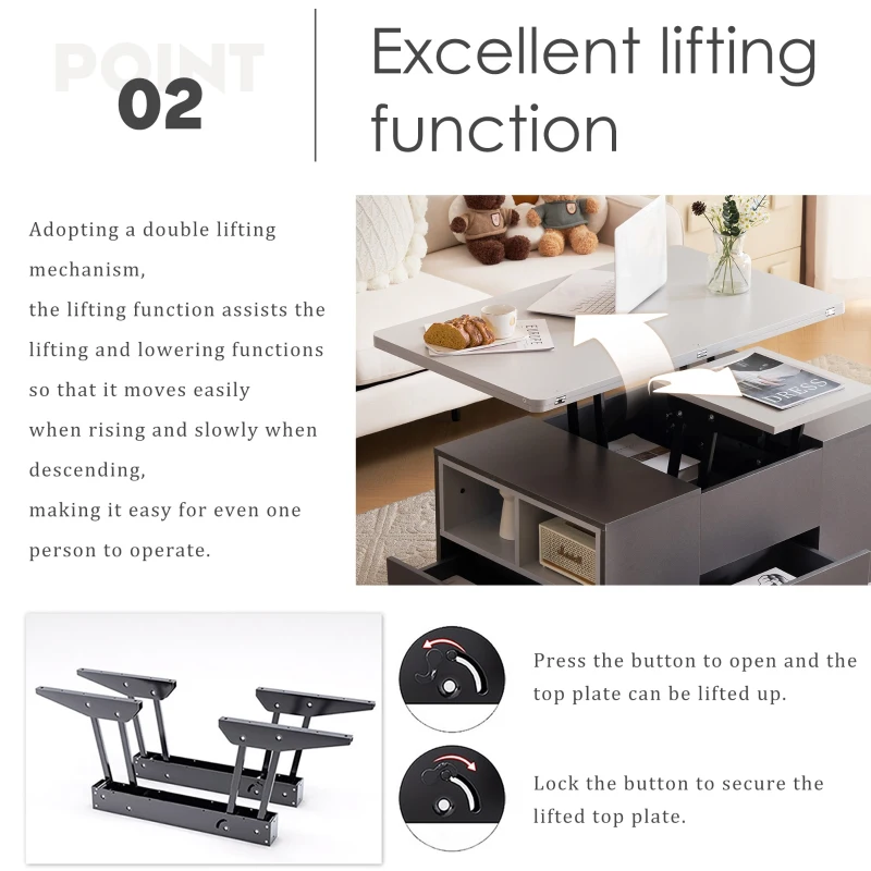 Lift-Top Coffee Table with Storage, 3 Drawers and Adjustable Height, 100x51x47 cm, Gray