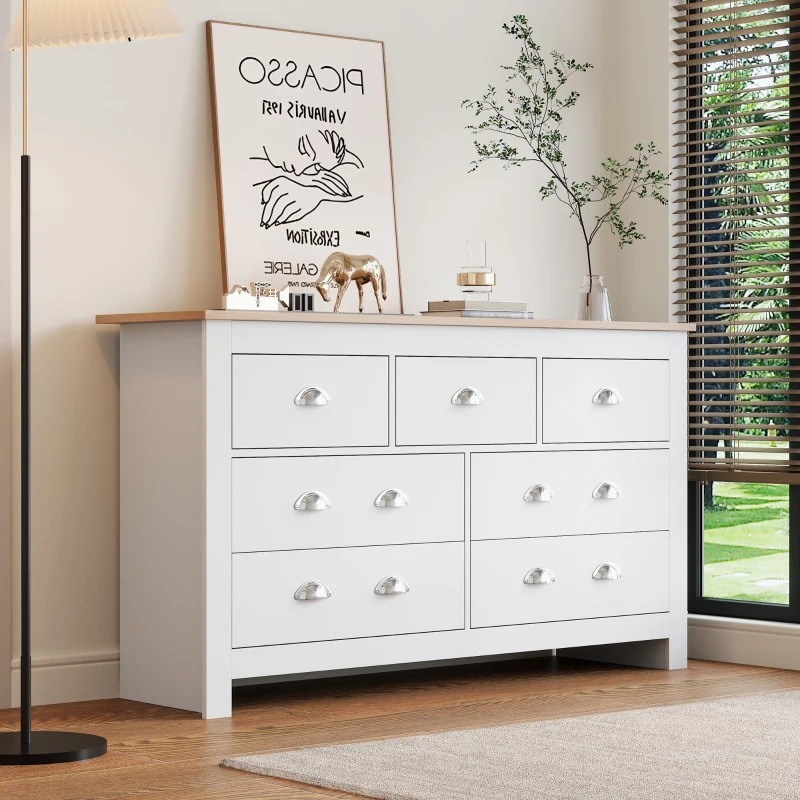 Mid-Century Modern Sideboard with 7 Drawers, Smooth Slide and Exquisite Door Handle, Cupboard for Hallway, 140x40x81 cm, White