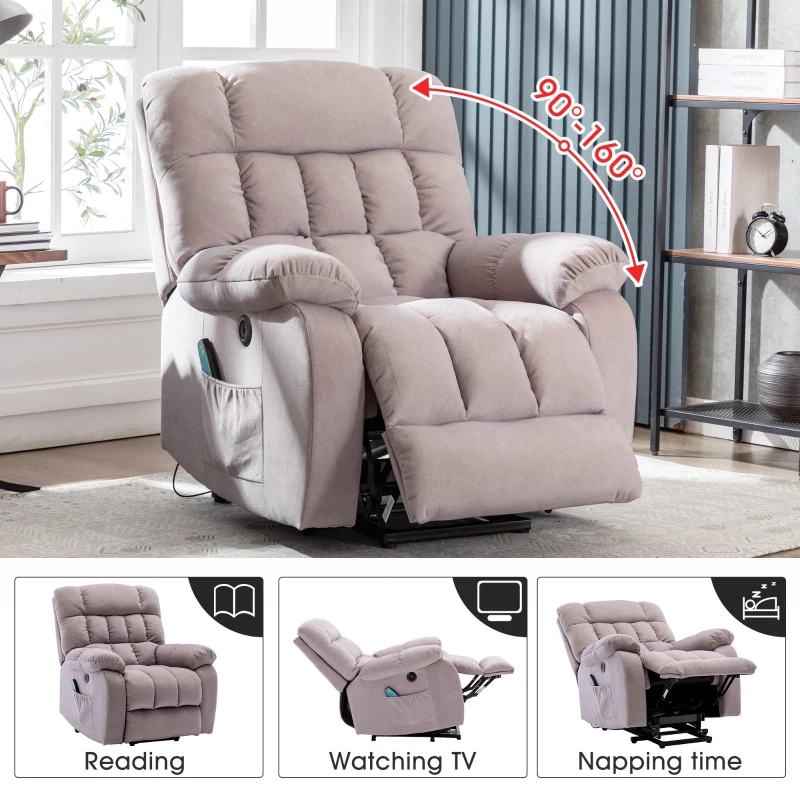 Power Lift Recliner Armchair with Heating, USB Ports, Side Pockets, Electric Massage Chair with High-density Sponge, 91x81x104 cm, Beige