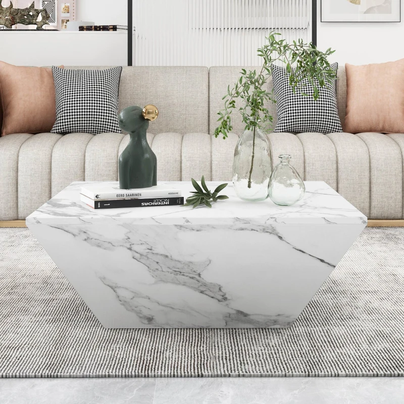 Modern Trapezoidal Coffee Table with 2 Drawers, Marbling Veneer End Table, Side Table with Storage for Living Room, 70x70x37 cm, White