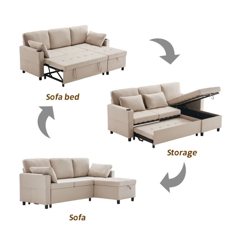 Linen Look L-Shaped Corner Sofa Bed with Storage, 3 Seater Convertible Settee with Cup Holders and Magazine Pockets, 212x141x87.5 cm, Beige