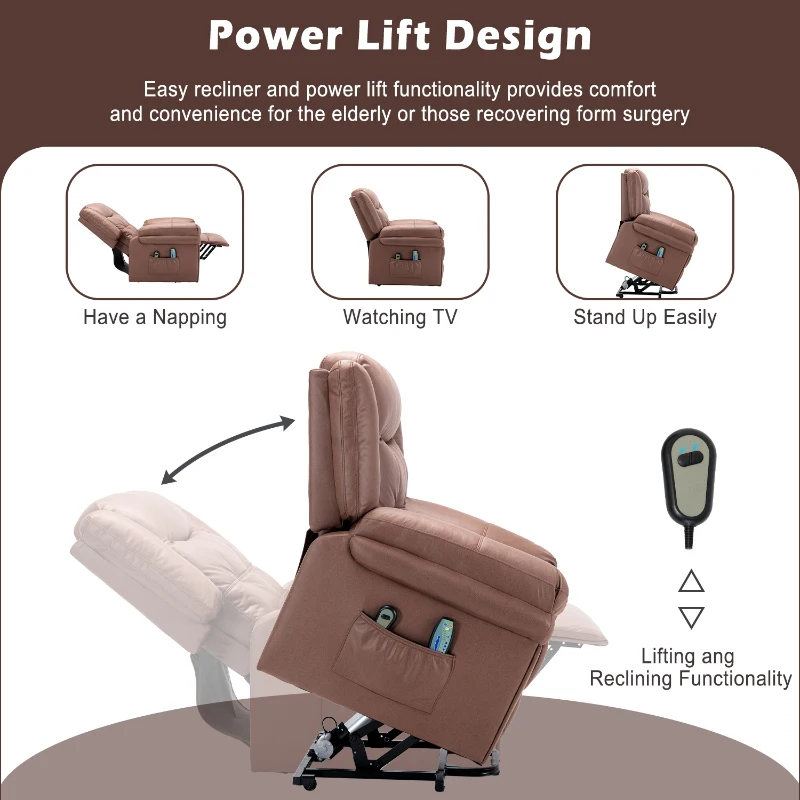 Power Lift Recliner, Executive Reclining Chair with Heating Massage Points for Elderly, Soft Upholstery and Sturdy Frame, 99x83x106 cm, Brown