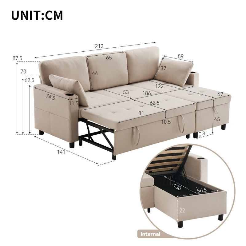 Linen Look L-Shaped Corner Sofa Bed with Storage, 3 Seater Convertible Settee with Cup Holders and Magazine Pockets, 212x141x87.5 cm, Beige