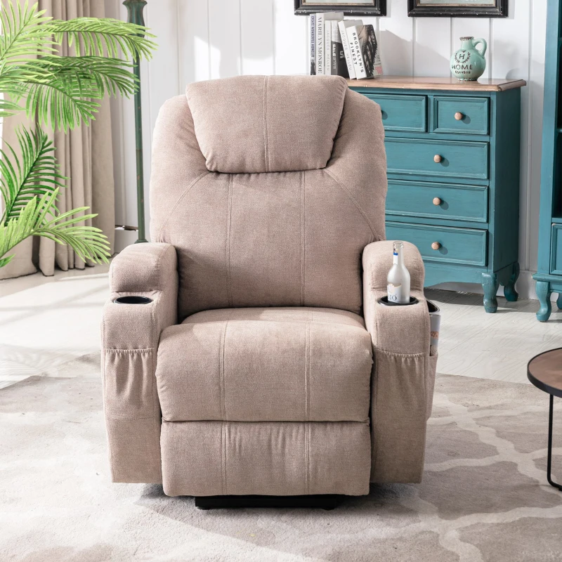 Remote Control Power Lift Massage Chair with Heating Points, Cup Holders, Side Pockets, Electric Lounger Chair for Elderly, 81x73x105 cm, Light Brown