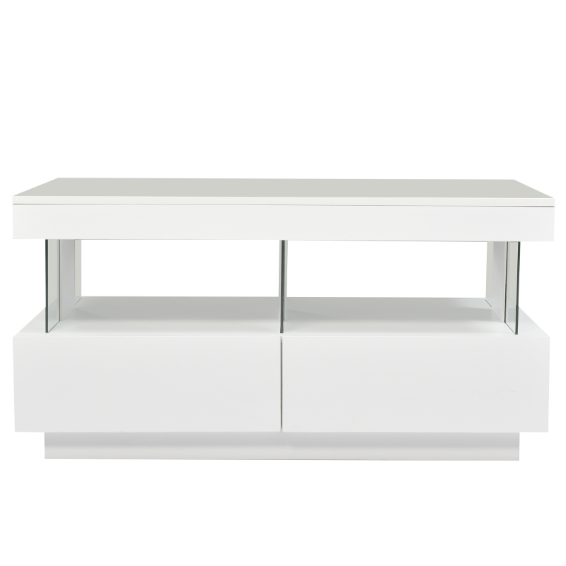 High Gloss Coffee Table with 16-Colour LED Lights, 2 Drawers, Open Storage, and Glass Top, 100x60x49.5 cm, White