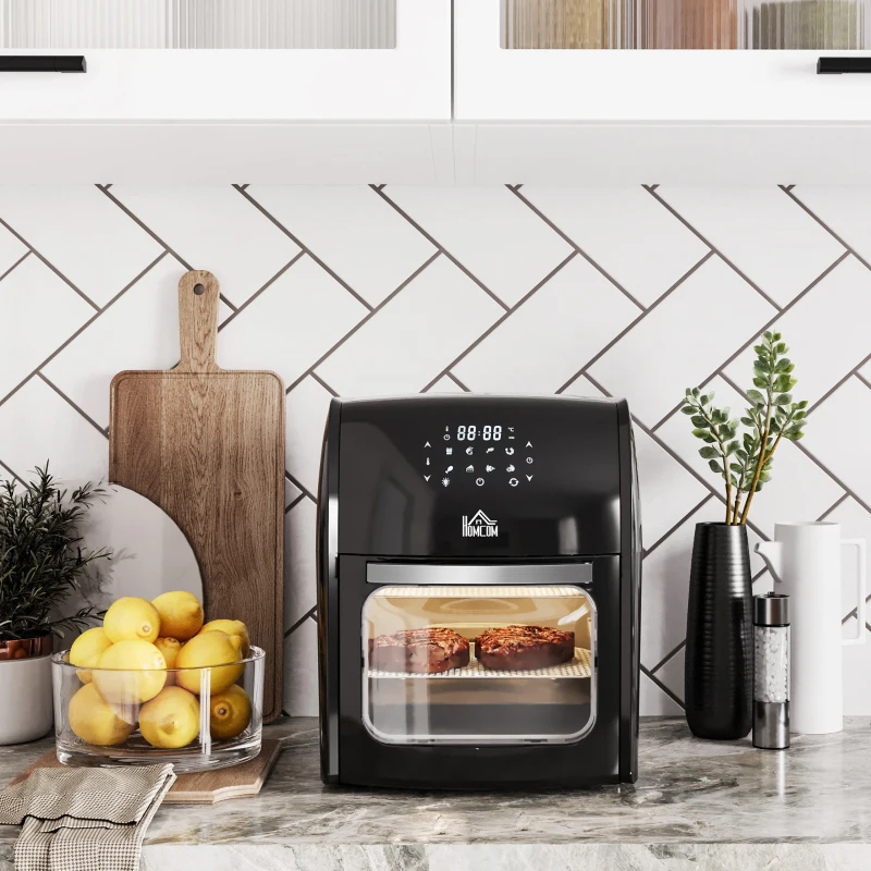 HOMCOM Fritadeira sem Óleo 3 em 1 12L Forno de Ar Desidratador com 8 Programas Função de Iluminação Ecrã Digital Janela 35x33,5x40 cm Preto