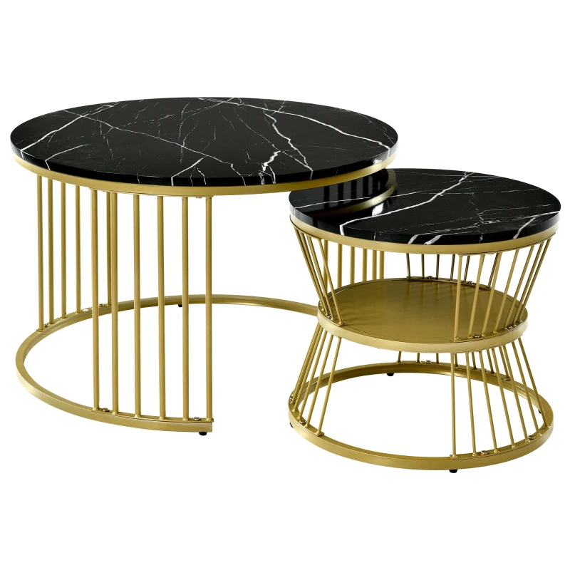Set of 2 Nesting Coffee Tables with Marble Pattern Top, Gold Metal Frame, Side Tables for Living Room, 70x70x45 cm and 45x45x40 cm, Black