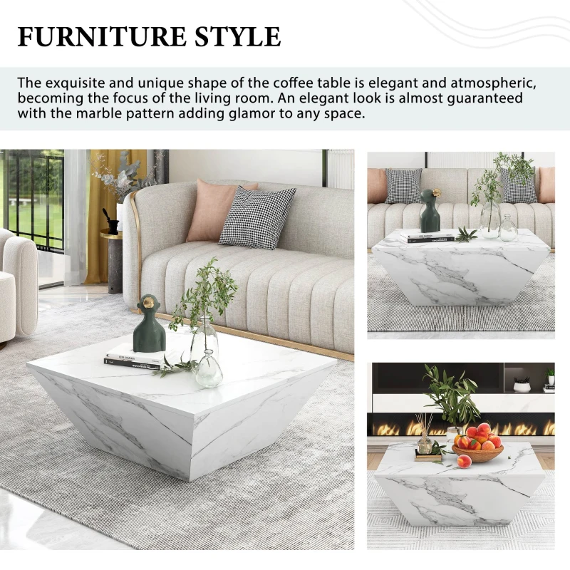 Modern Trapezoidal Coffee Table with 2 Drawers, Marbling Veneer End Table, Side Table with Storage for Living Room, 70x70x37 cm, White