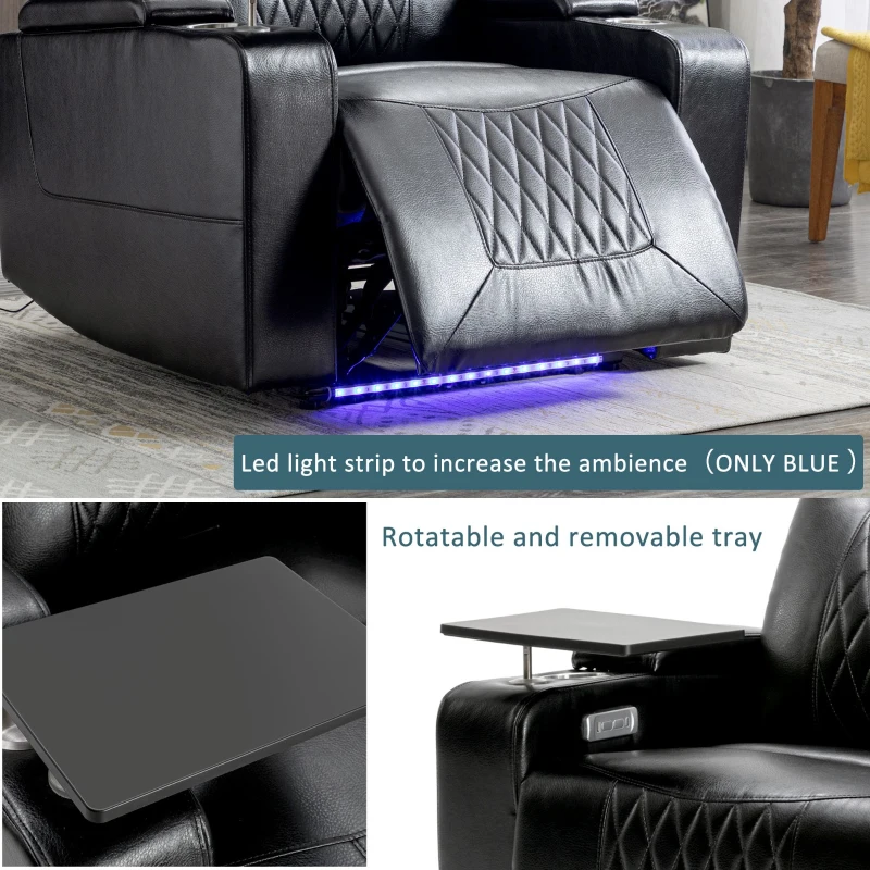 360° Swivel Leather Recliner Chair with USB Port, Cup Holders, Ambient Light, Adjustable Electric Gaming Recliner Chair, 92x80x108 cm, Black