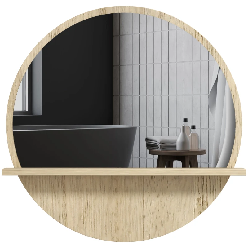 kleankin Oglindă de Baie Rotundă din PAL și Sticlă cu Raft pentru Depozitare și 2 Cârlige pentru Fixare, Ø45x10 cm, Lemn Natural