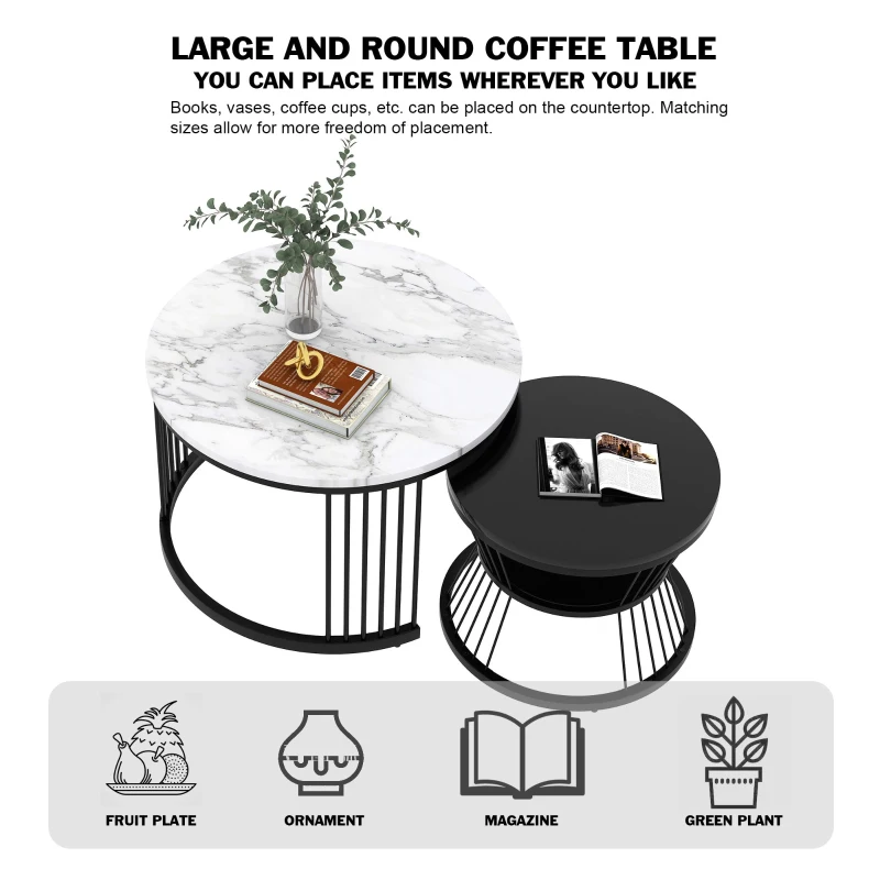 Modern Nesting Coffee Table with Marble Finish, Round Side Tables with Metal Frame, 70x70x45 cm and 45x45x40 cm, Black+White