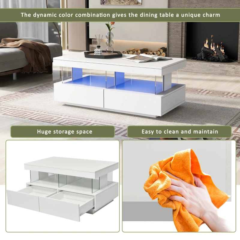 High Gloss Coffee Table with 16-Colour LED Lights, 2 Drawers, Open Storage, and Glass Top, 100x60x49.5 cm, White