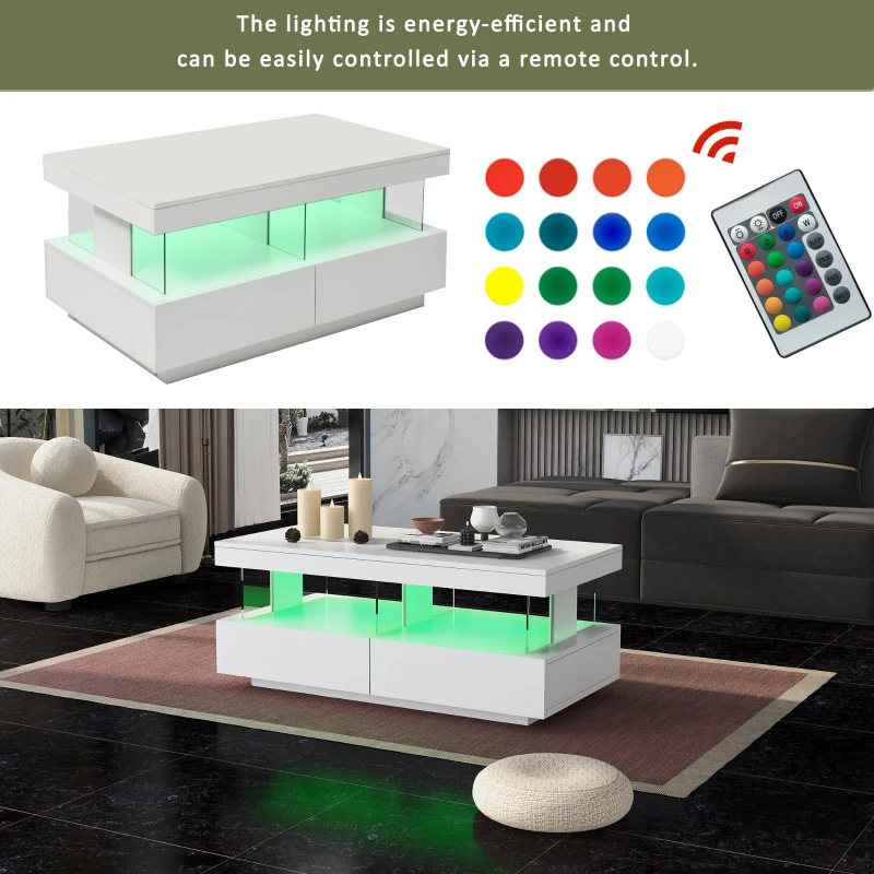 High Gloss Coffee Table with 16-Colour LED Lights, 2 Drawers, Open Storage, and Glass Top, 100x60x49.5 cm, White