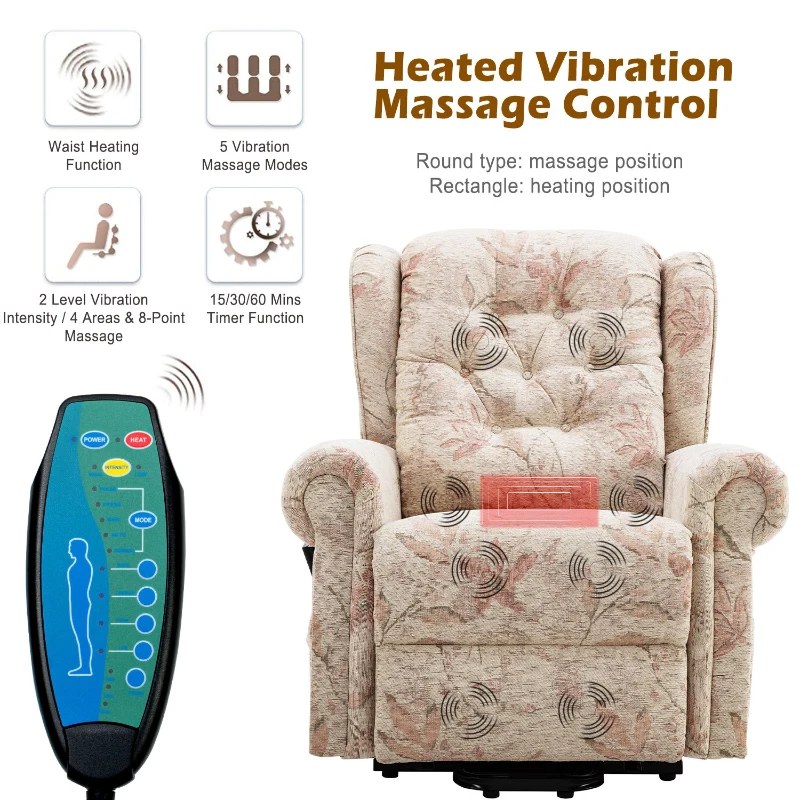 Dual Motor Power Lift Recliner Chair with Heat Massage and Infinite Position, Side Pockets, for Elderly,92x98x107 cm, Beige
