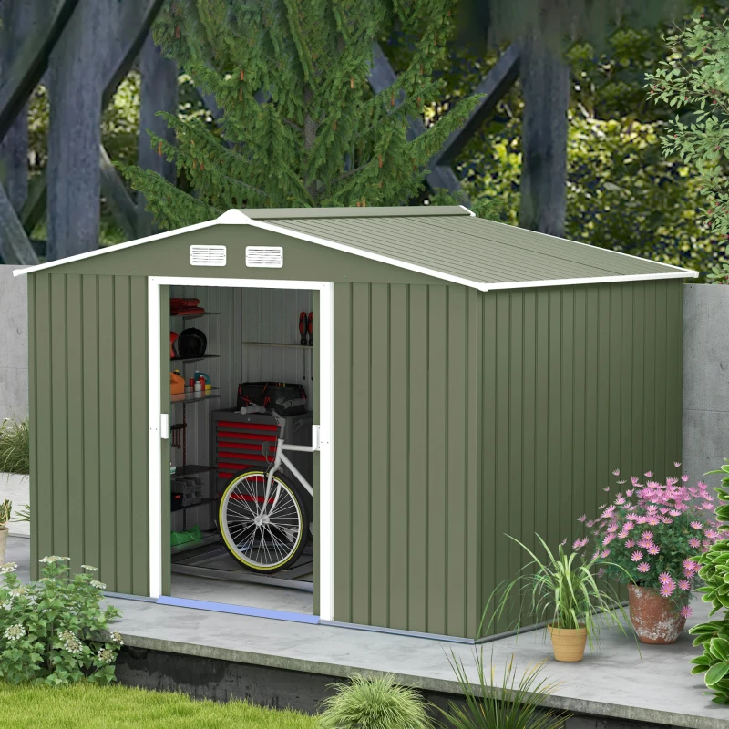 Outsunny Magazie de gradina 277 x 195 x 192cm cu usi glisante duble, 4 orificii de aerisire, din otel durabil, verde(m-13)