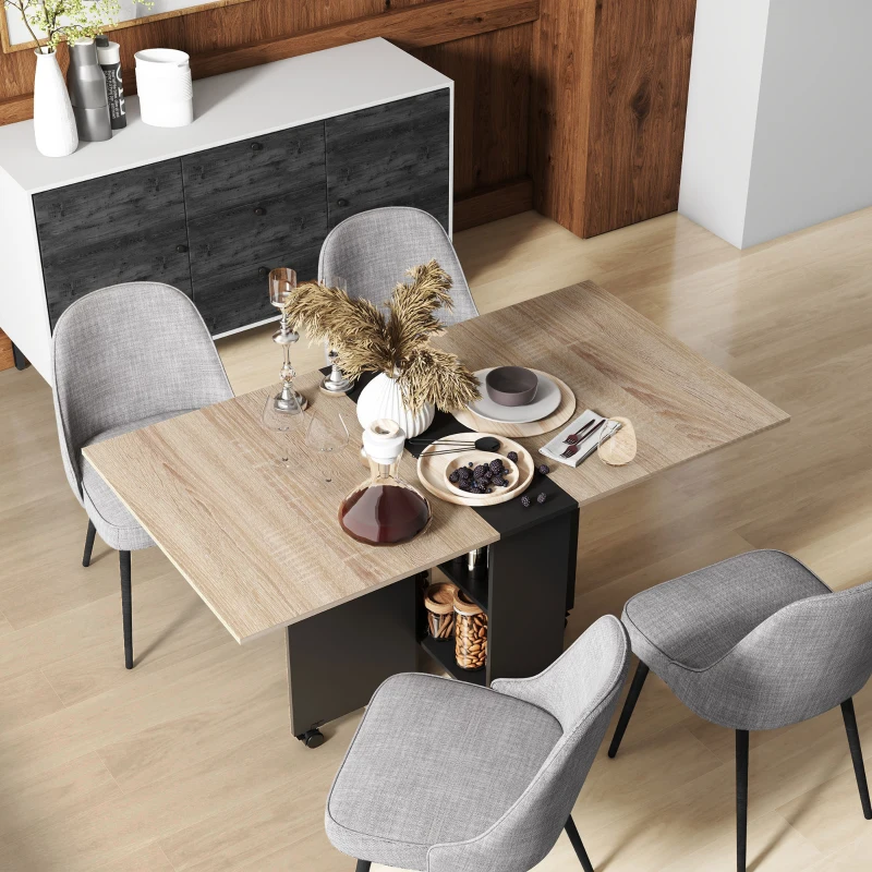 HOMCOM Folding Dining Table, Drop Leaf Table for Small Spaces with 2-tier Shelves, Small Kitchen Table with Rolling Casters, Oak and Black