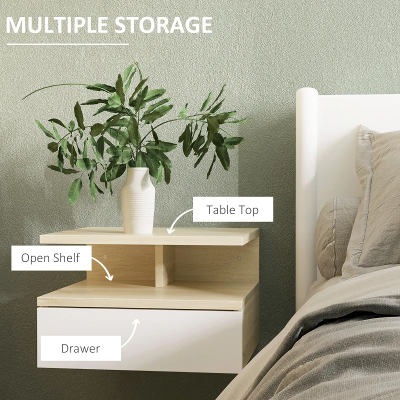 HOMCOM Set de 2 Noptiere Suspendate cu Sertar și Poliță Superioară, Noptiere Moderne din Lemn, 35x32x22.5 cm, Lemn Natural
