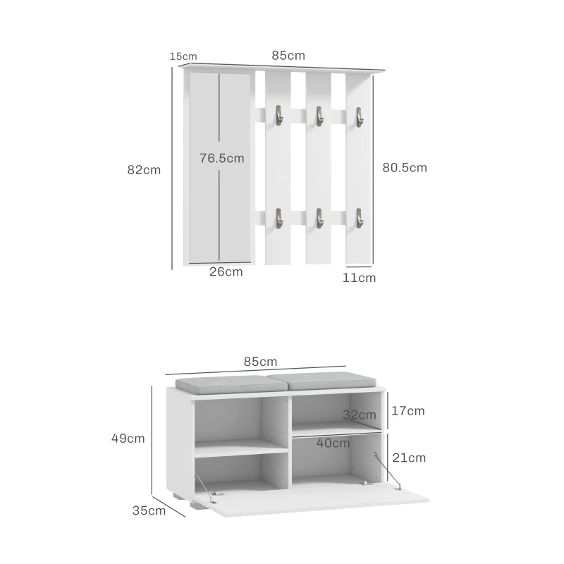 Homcom Set Hol 4‑in‑1 – Banca cu Scaun, Cuiere & Oglinda Alb(m-3)