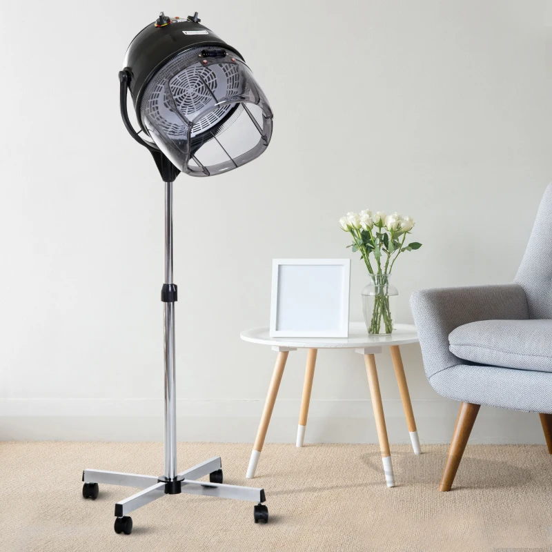 HOMCOM Cască de Uscat Părul cu Înălțime Reglabilă, Cască pentru Păr cu Timer și Roți Pivotante, 65x65x115-165 cm, Negru