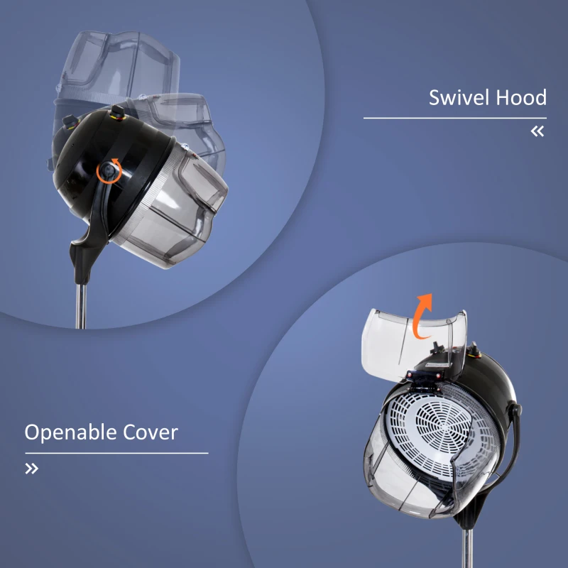 HOMCOM Cască de Uscat Părul cu Înălțime Reglabilă, Cască pentru Păr cu Timer și Roți Pivotante, 65x65x115-165 cm, Negru